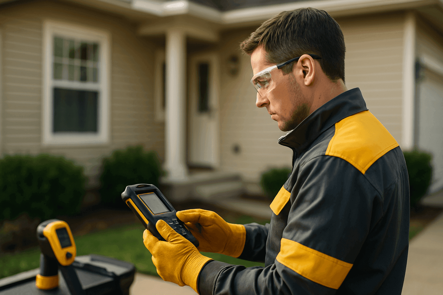 Professional home inspector in safety gear exaning a residential exterior with digital tool