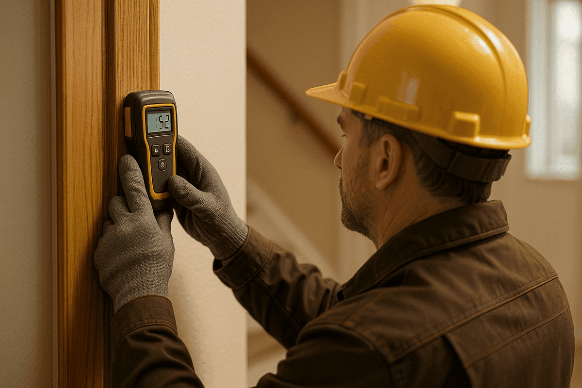 Home inspector wearing gloves using digital moisture meter on wooden door frame indoors